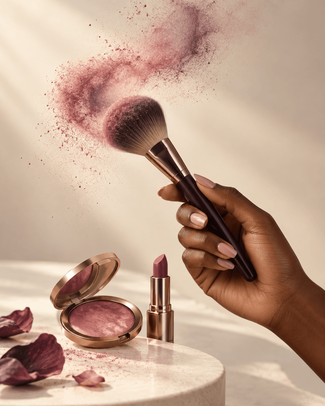 A hand holding a make-up brush beneath a soft cloud of rose pigment — editorial concept image