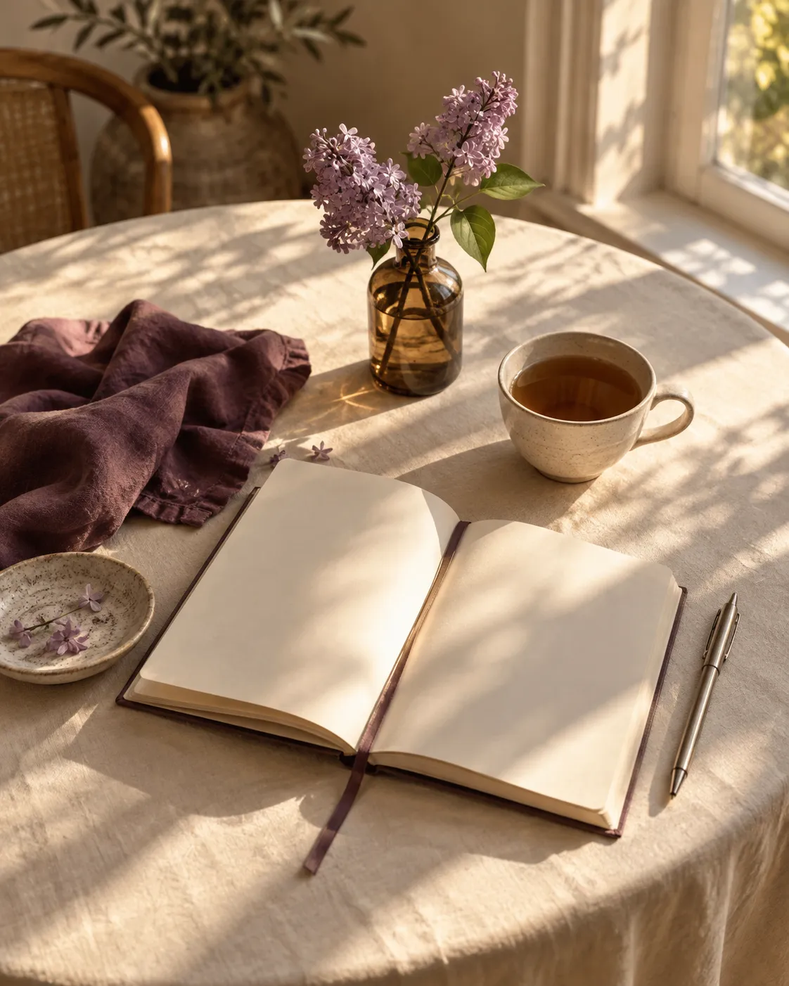An open notebook, tea, and flowers in afternoon light — lifestyle concept image